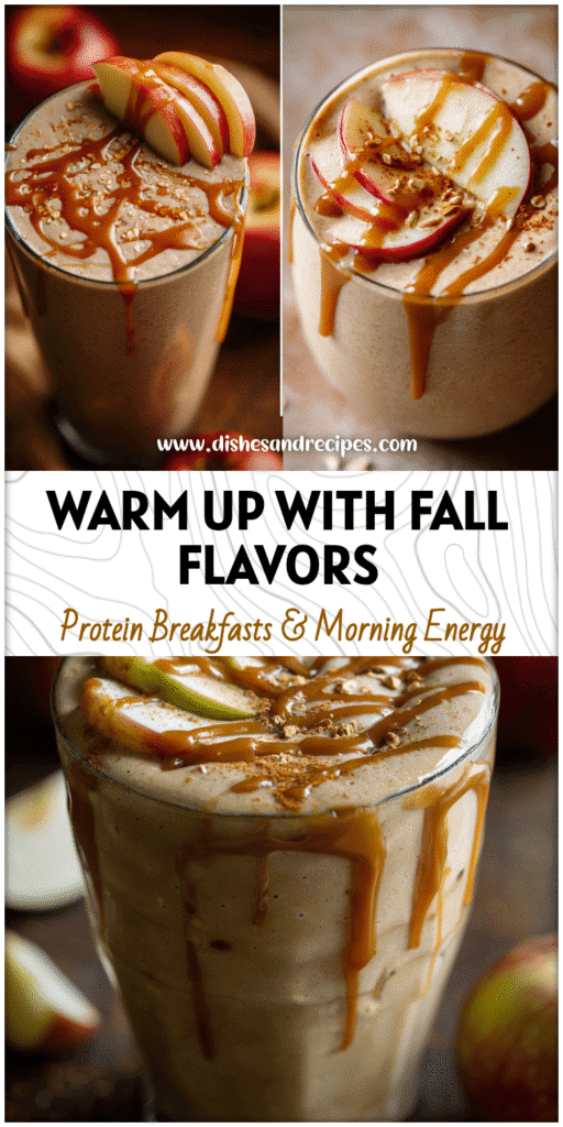 Glass of creamy Caramel Apple Protein Smoothie topped with apple slices and caramel drizzle for a cozy Fall Smoothie look